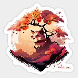 Sunset gazing japanese garden anime cat Sticker